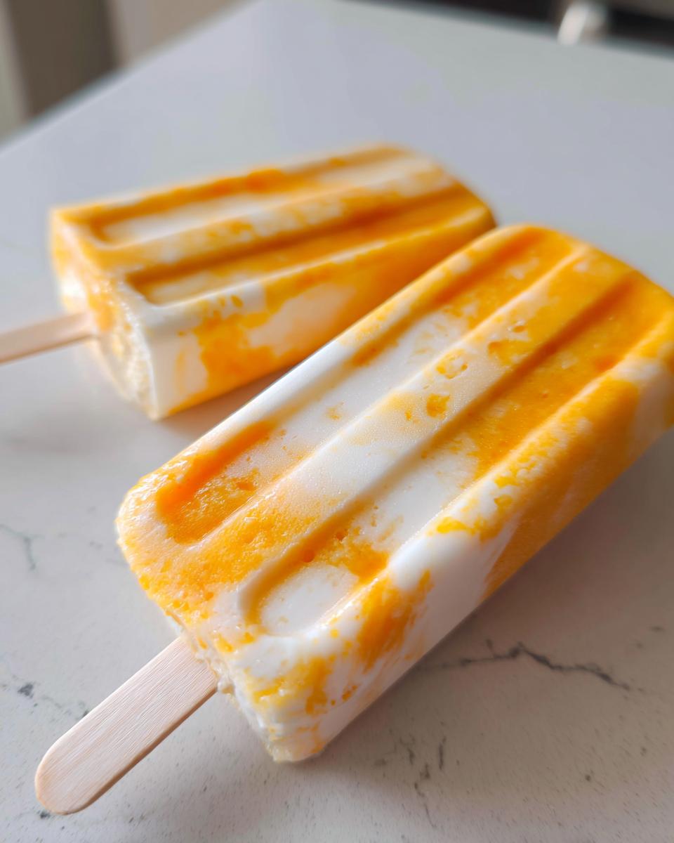 Close-up of two Coconut Mango Popsicles with a swirled pattern.