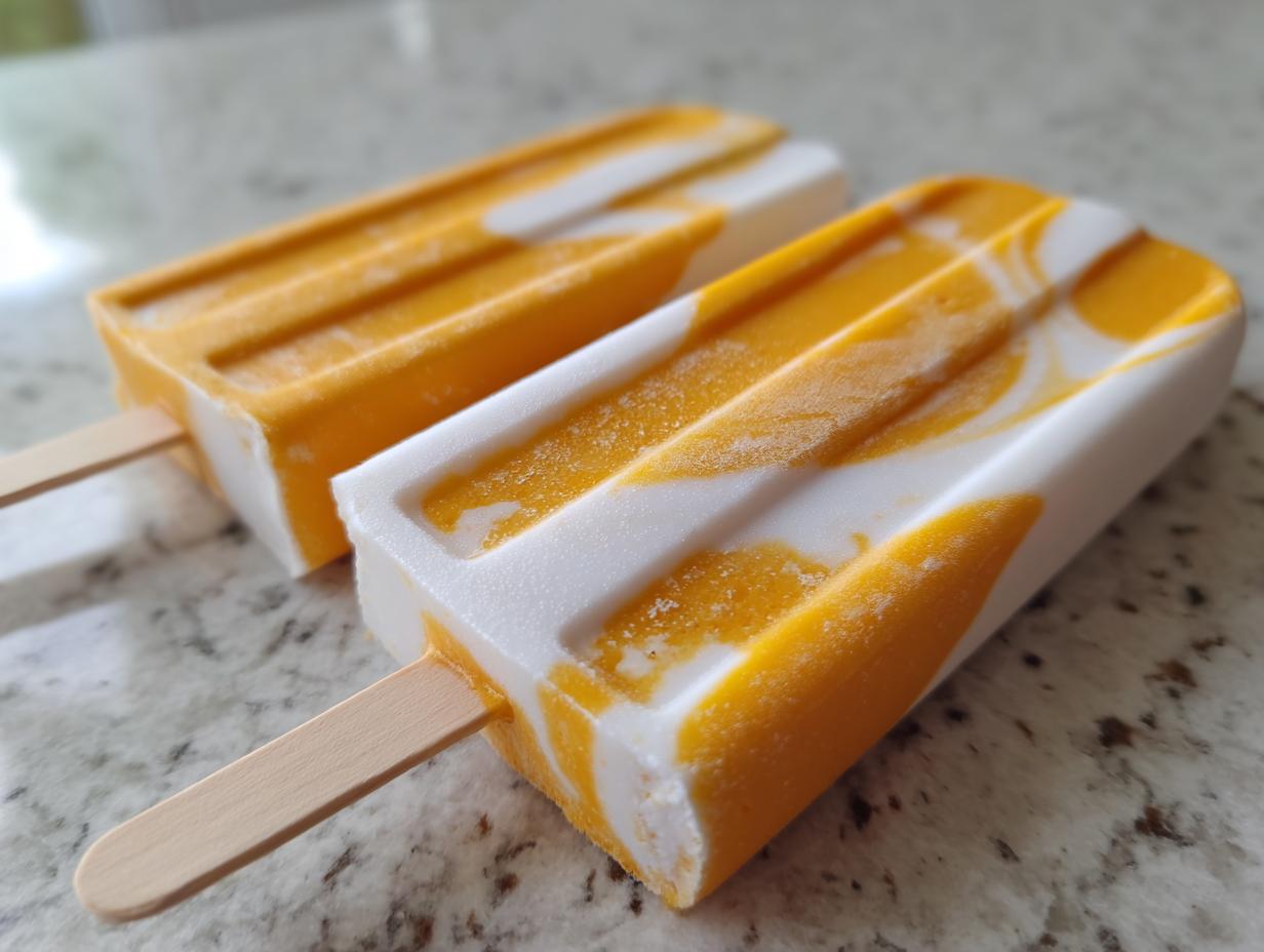 Two creamy Coconut Mango Popsicles on a light-colored surface, ready to eat.