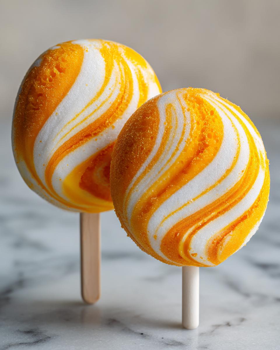 Two vibrant Coconut Mango Popsicles with a swirled design, on wooden sticks.