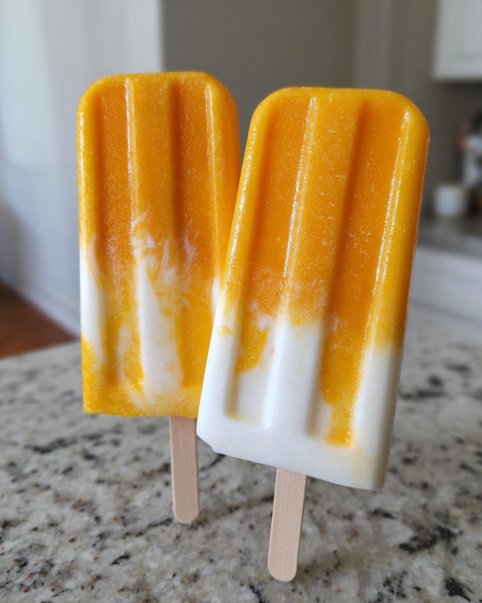 Two homemade Coconut Mango Popsicles on a wooden stick, a refreshing summer treat.