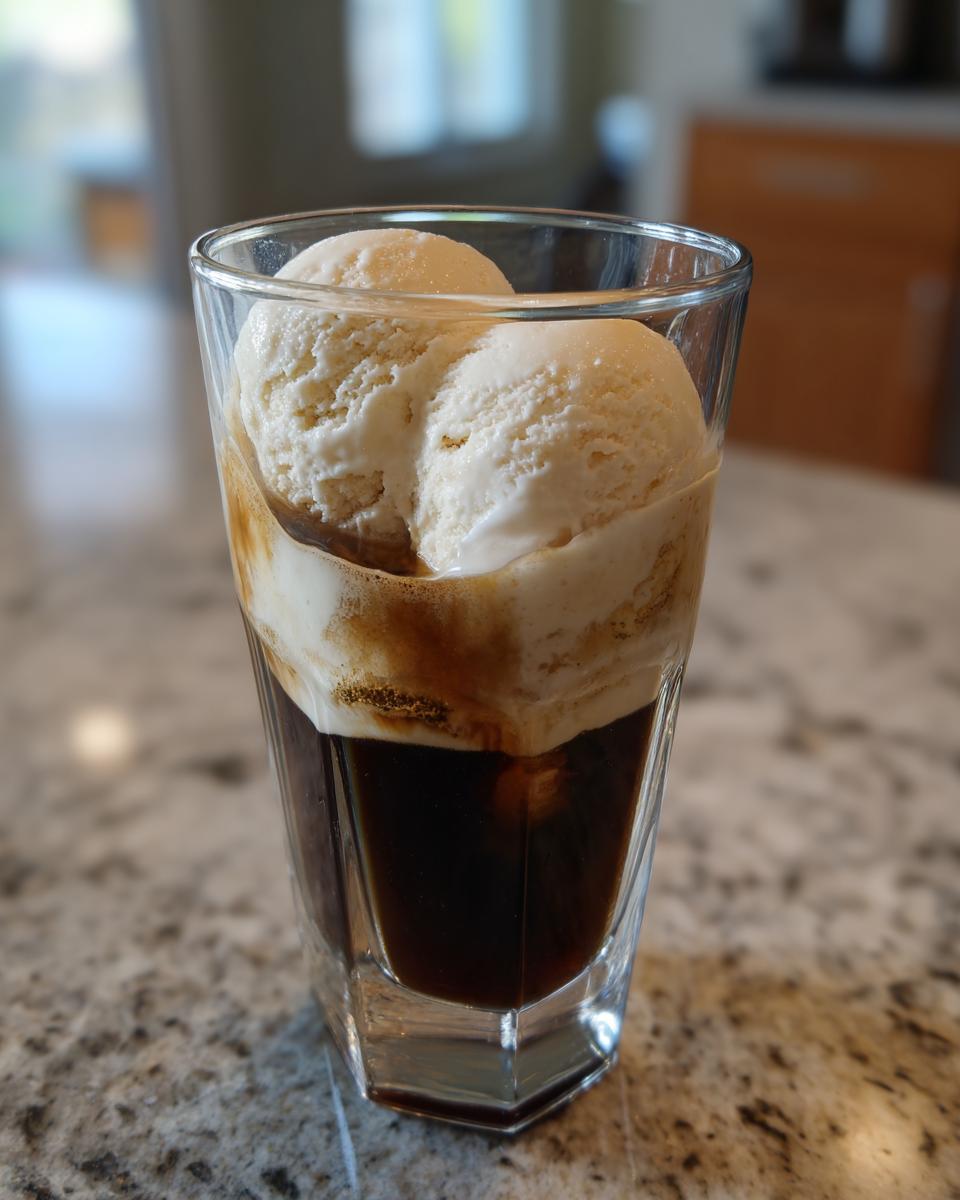 A glass of Cold Brew Affogato with vanilla ice cream.