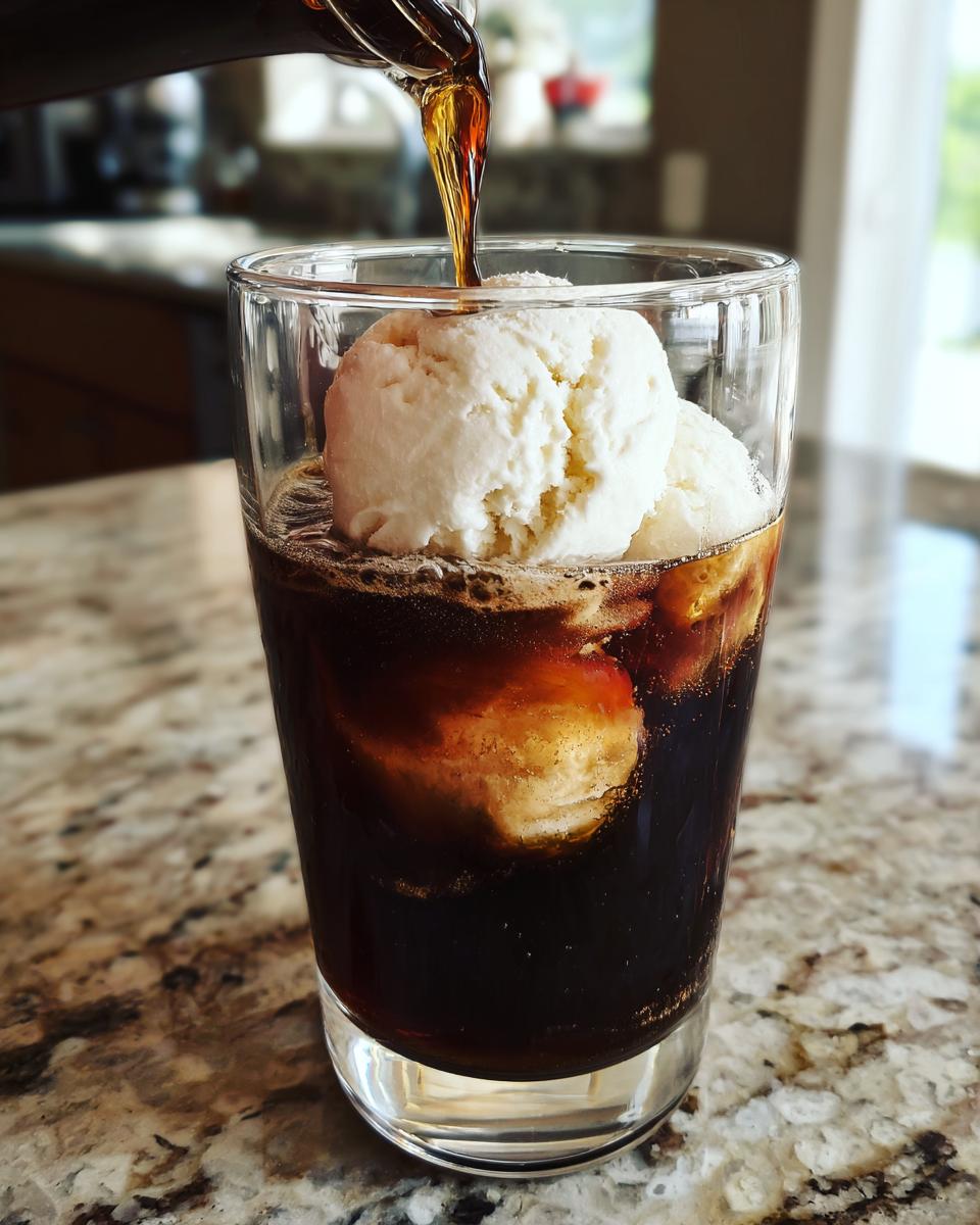 Pouring cold brew coffee over vanilla ice cream to make a delicious Cold Brew Affogato.