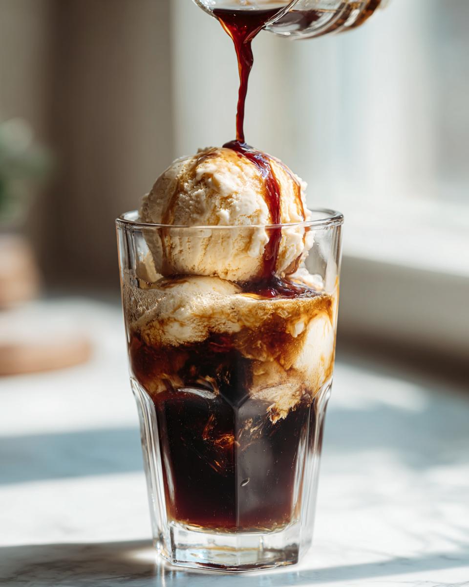 Cold brew being poured over vanilla ice cream in a glass, creating a delicious Cold Brew Affogato.