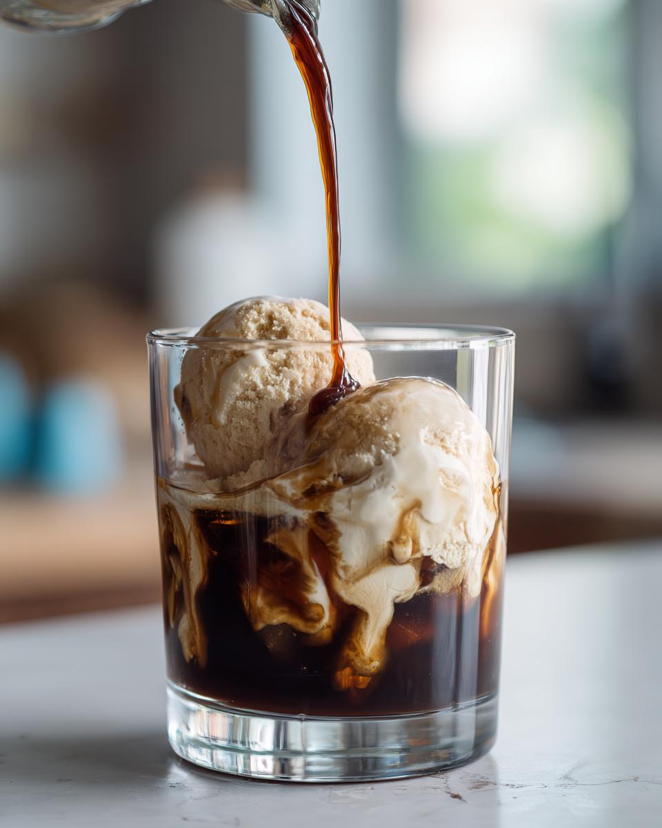 Pouring cold brew coffee over ice cream in a glass, creating a delicious Cold Brew Affogato.