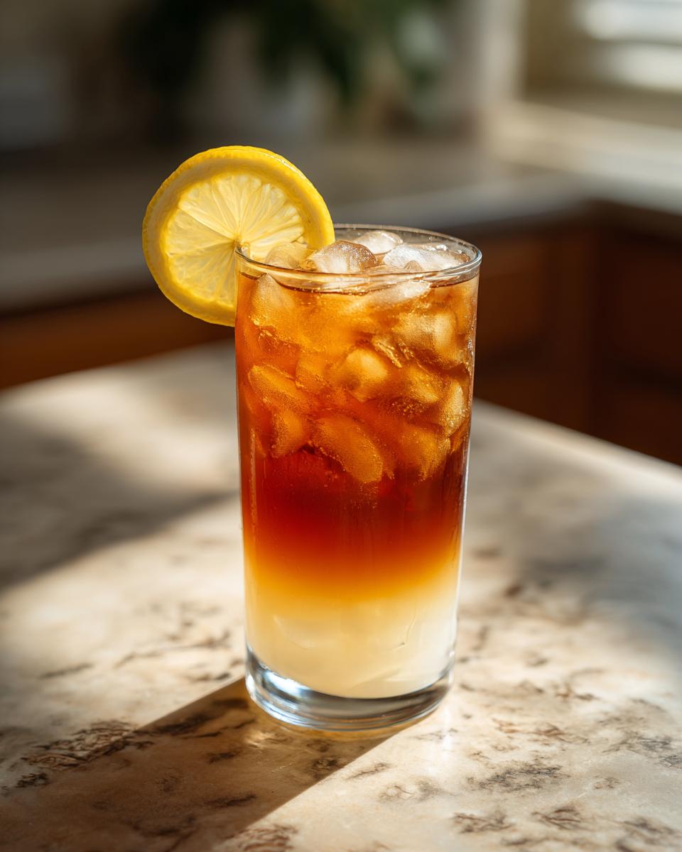 Tall glass of Cold Brew Lemonade with ice and a lemon slice, perfect for summer.