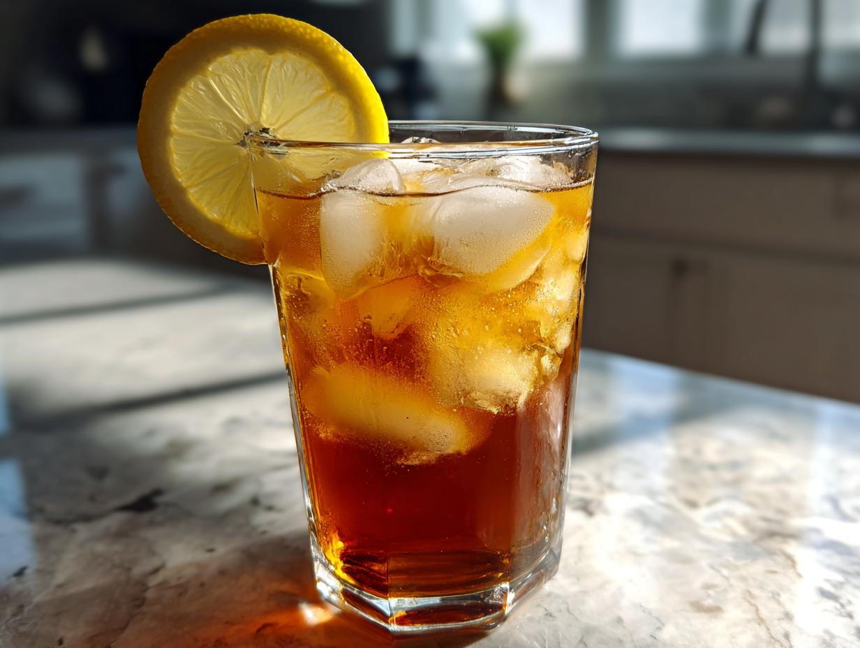 A glass of refreshing Cold Brew Lemonade with ice and a lemon slice garnish.