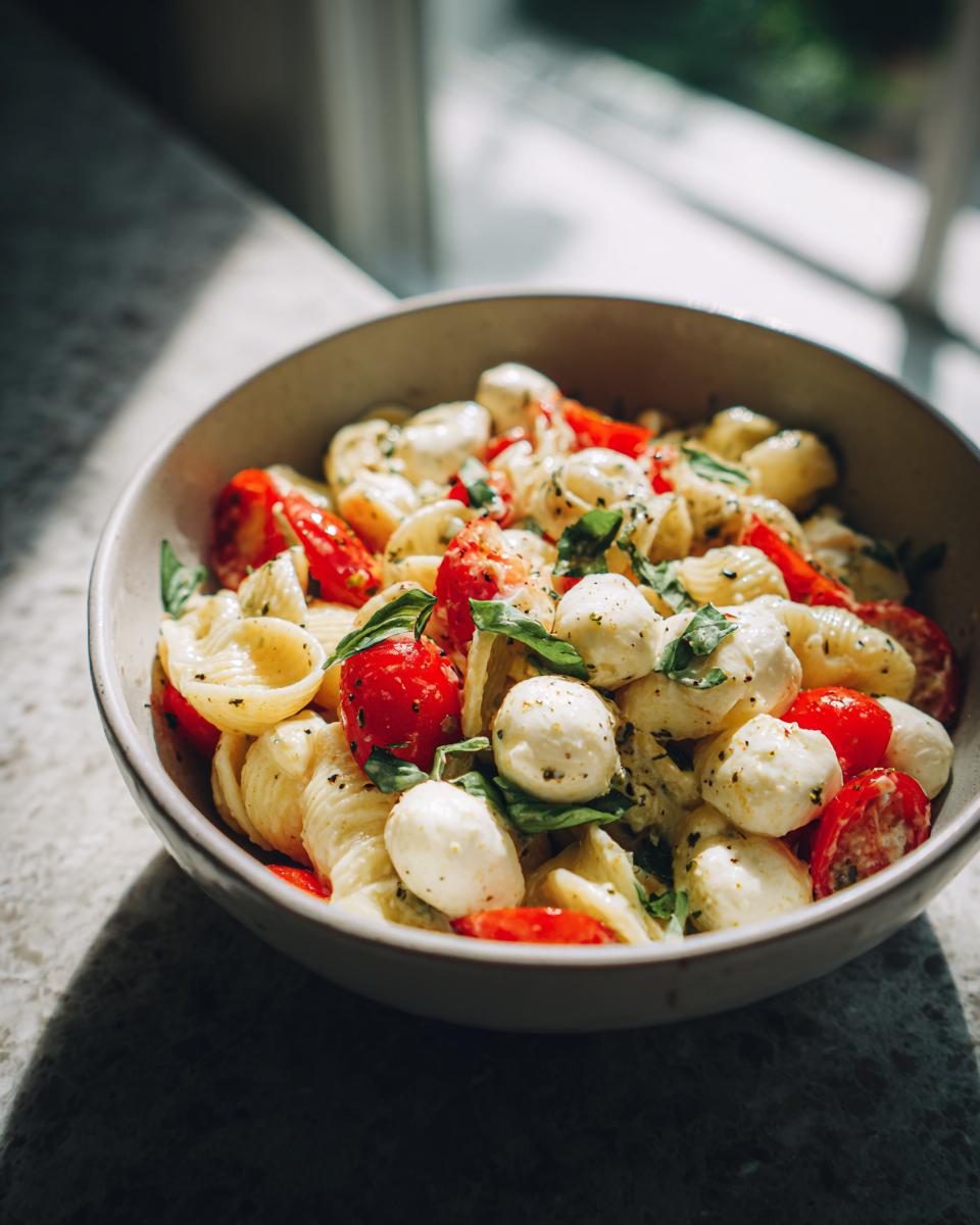 Close-up of a bowl of Creamy Caprese Pasta Salad with tomatoes, mozzarella, and basil.