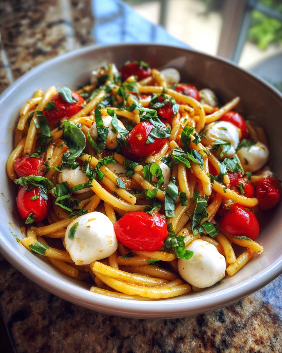 Close-up of a bowl of Creamy Caprese Pasta Salad with tomatoes, mozzarella, and basil.
