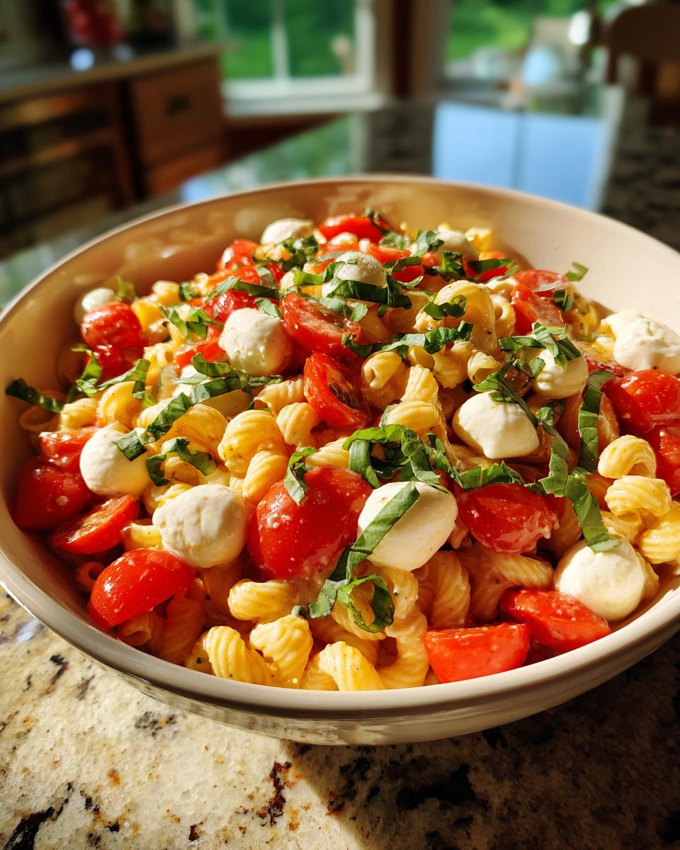 Close-up of a bowl of Creamy Caprese Pasta Salad with tomatoes, mozzarella, and basil.