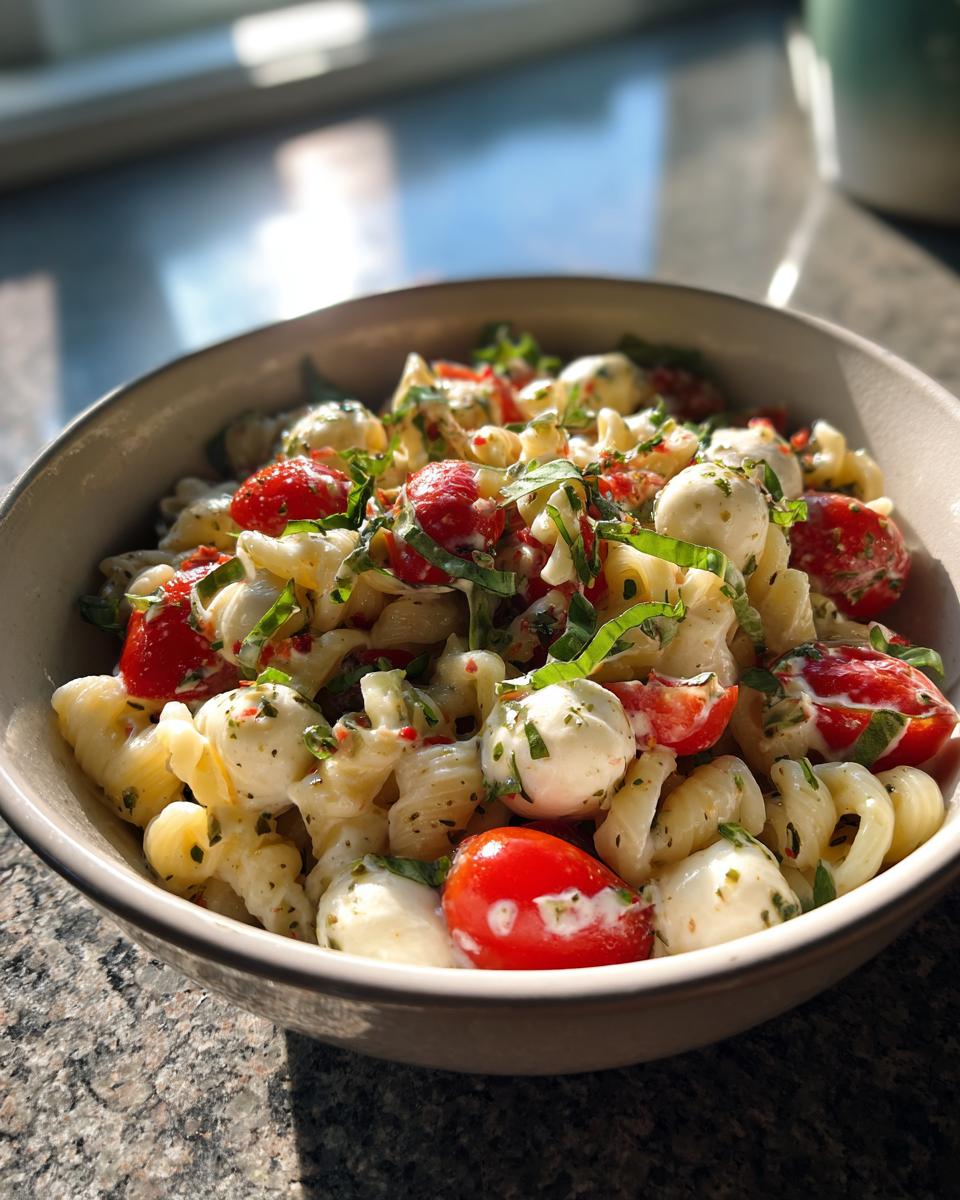 Close-up of a bowl of Creamy Caprese Pasta Salad with tomatoes, mozzarella, and basil.