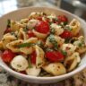 A bowl of Creamy Caprese Pasta Salad with pasta, tomatoes, mozzarella, and basil.