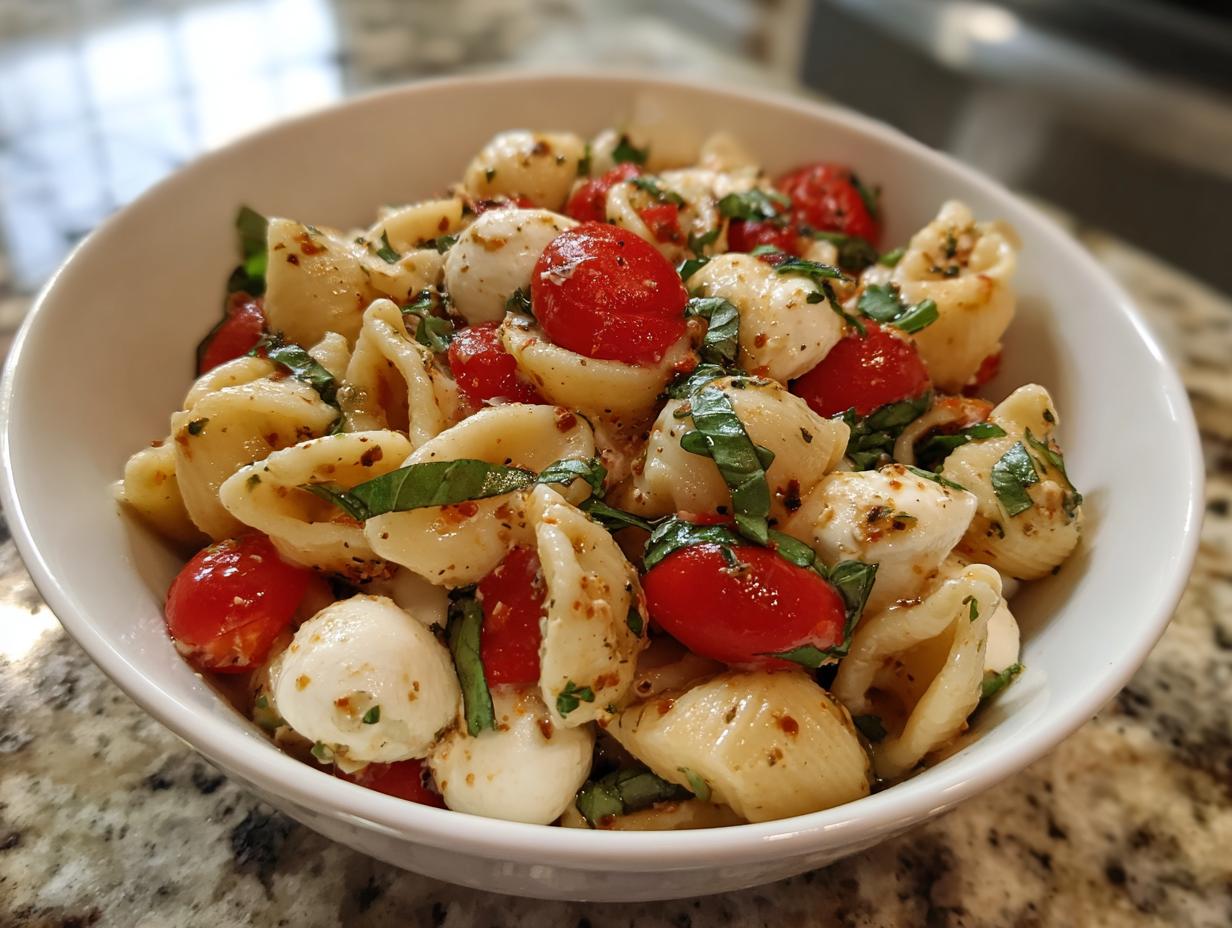 A bowl of Creamy Caprese Pasta Salad with pasta, tomatoes, mozzarella, and basil.