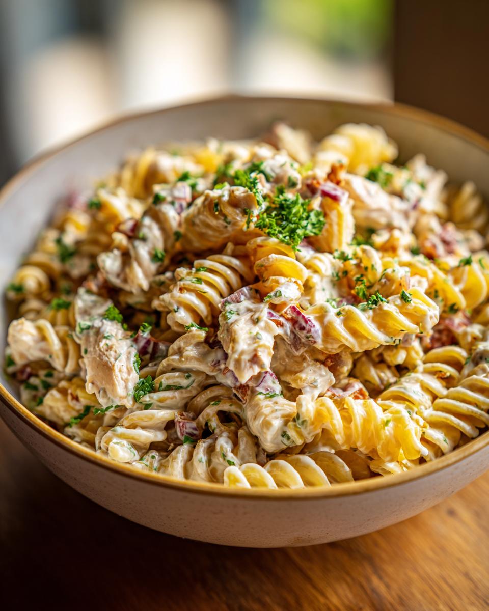 Amazing pasta salad and chicken: 30 min 9 Close-up of a creamy pasta salad and chicken in a bowl, garnished with parsley.