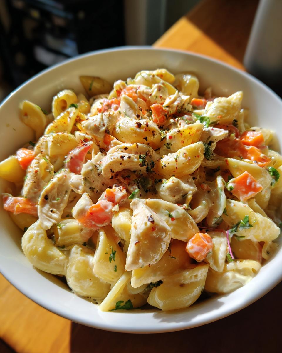 Amazing pasta salad and chicken: 30 min 8 Close-up of a bowl of creamy pasta salad and chicken with carrots and herbs.