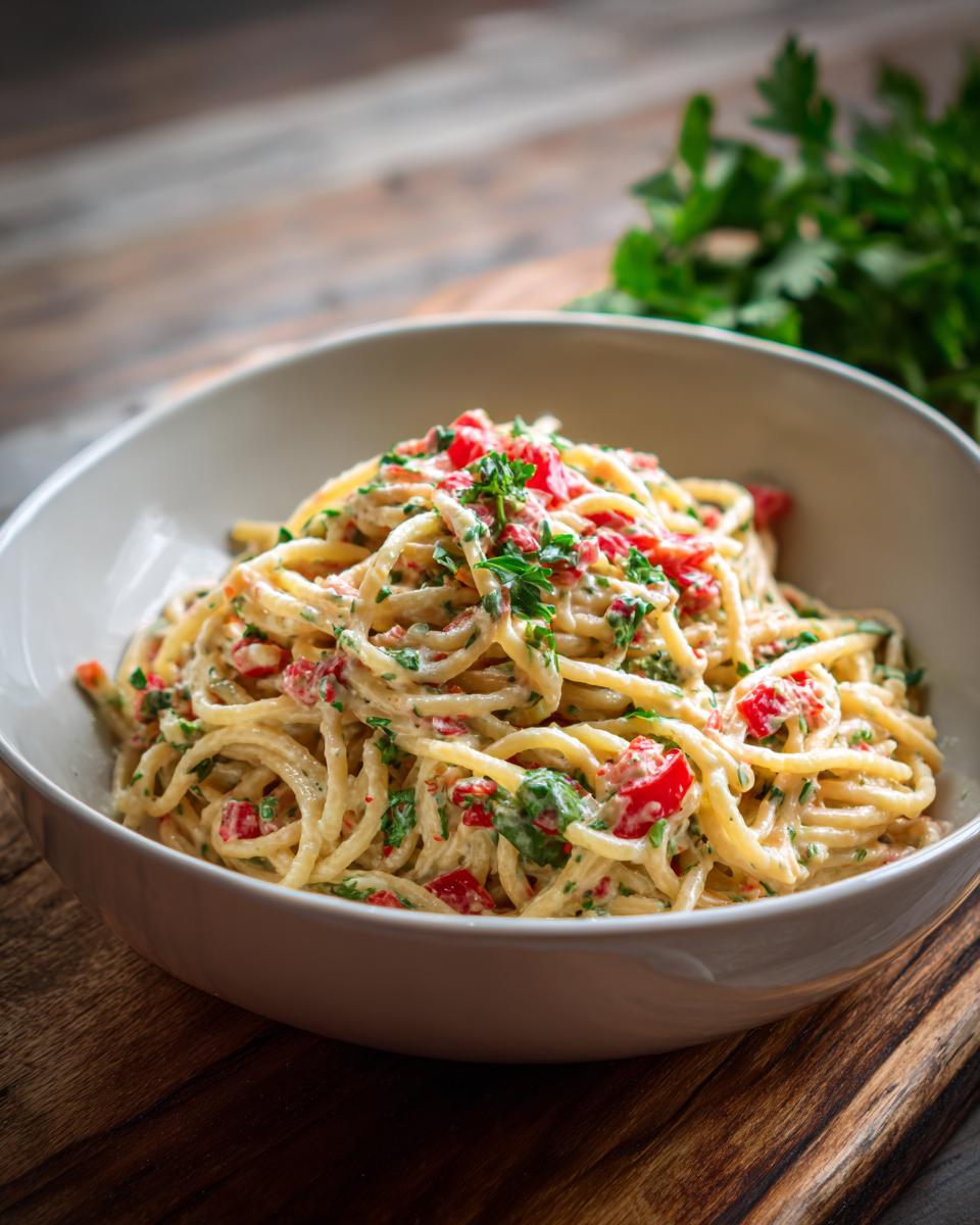 Close-up of pasta salad with creamy dressing, red peppers, and herbs. This is a delicious pasta salad dressing recipe.