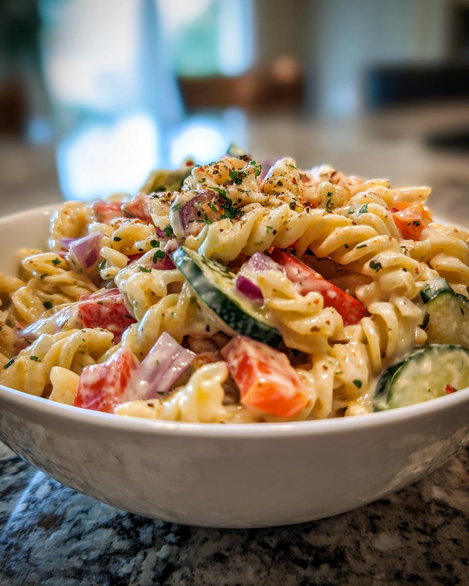 Perfect Pasta Salad: 5 Simple Steps 8 Close-up of a bowl of creamy pasta salad with rotini pasta, tomatoes, cucumbers, and red onion. How do you make pasta salad?