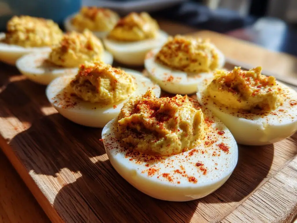 Close-up of Creamy Queso Deviled Eggs on a wooden board, sprinkled with paprika.