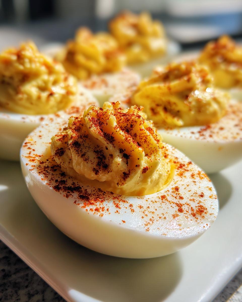 Close-up of Creamy Queso Deviled Eggs, garnished with paprika, on a white plate.