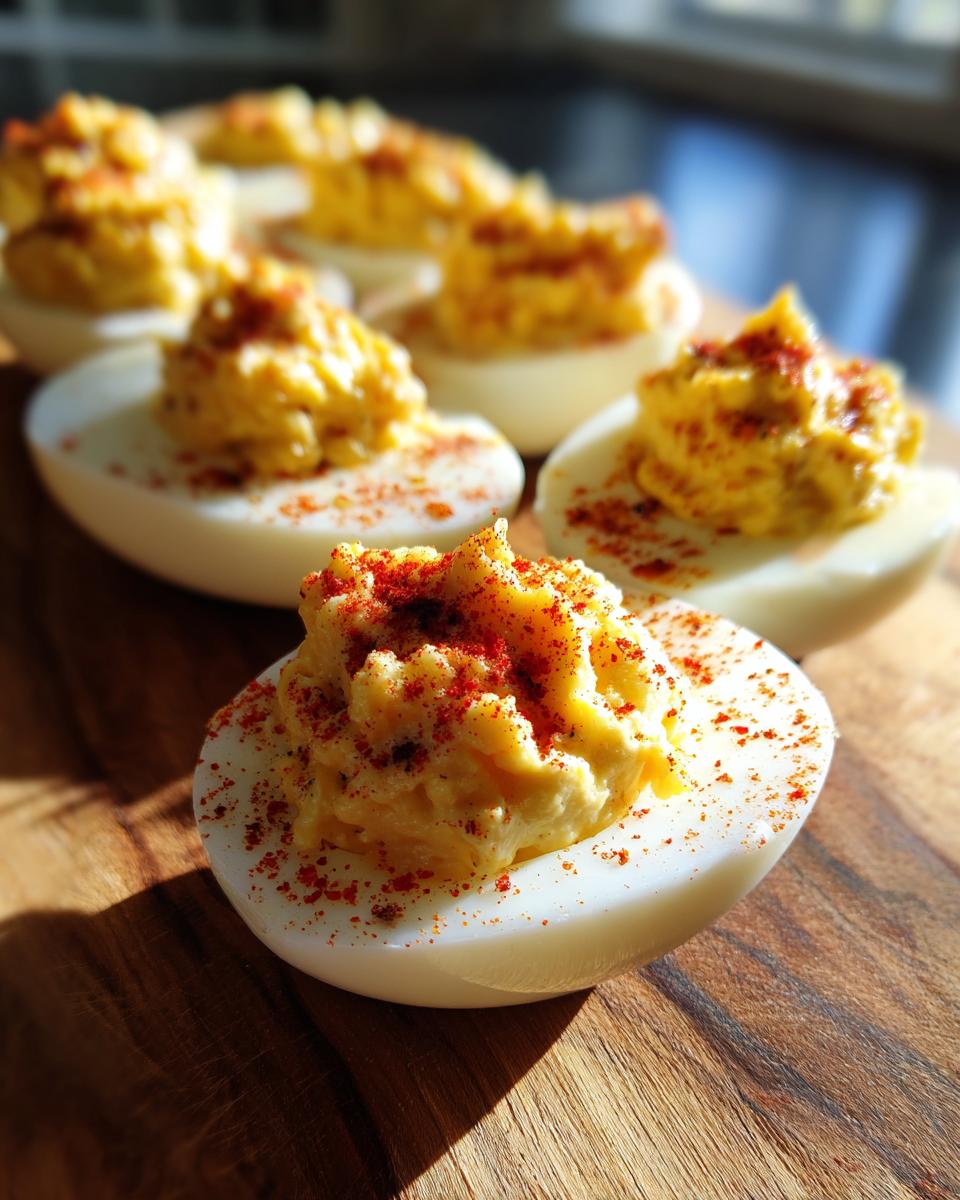 Close-up of Creamy Queso Deviled Eggs, garnished with paprika, on a wooden board.