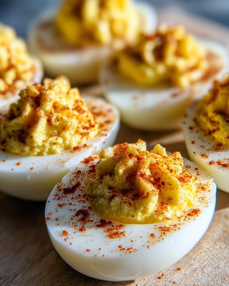 Close-up of creamy queso deviled eggs, topped with paprika, on a wooden surface.