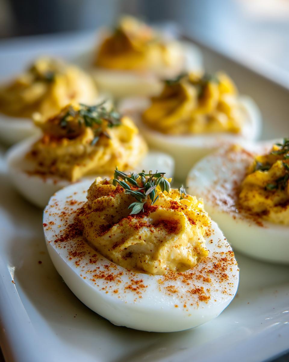 Close-up of Creamy Queso Deviled Eggs garnished with paprika and herbs on a white platter.