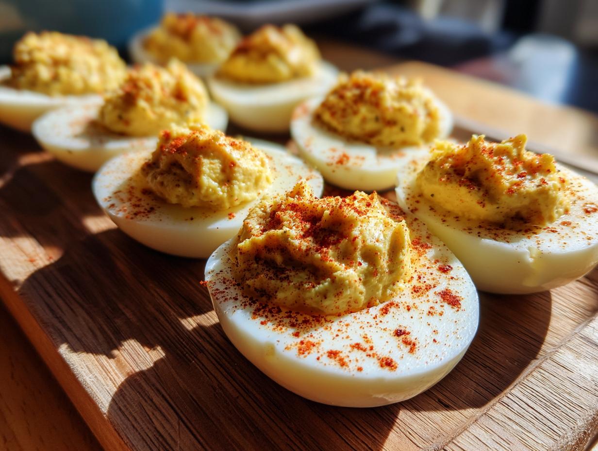 Close-up of Creamy Queso Deviled Eggs on a wooden board, sprinkled with paprika.