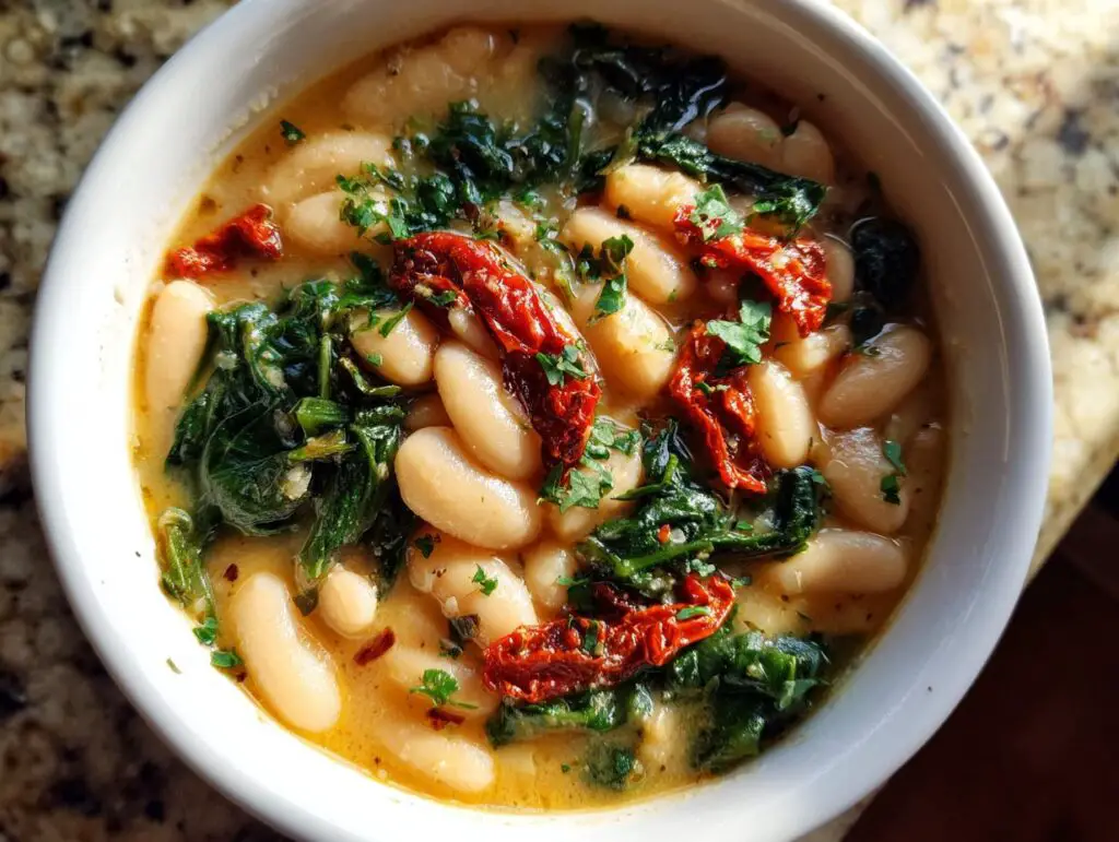Close-up of a bowl of Creamy Tuscan White Bean Soup with spinach and sun-dried tomatoes.