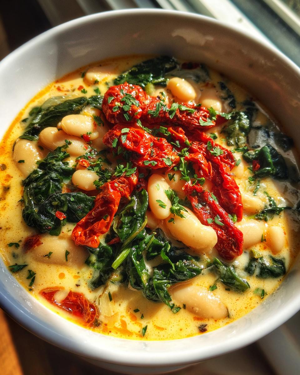 Close-up of a bowl of Creamy Tuscan White Bean Soup with spinach and sun-dried tomatoes.