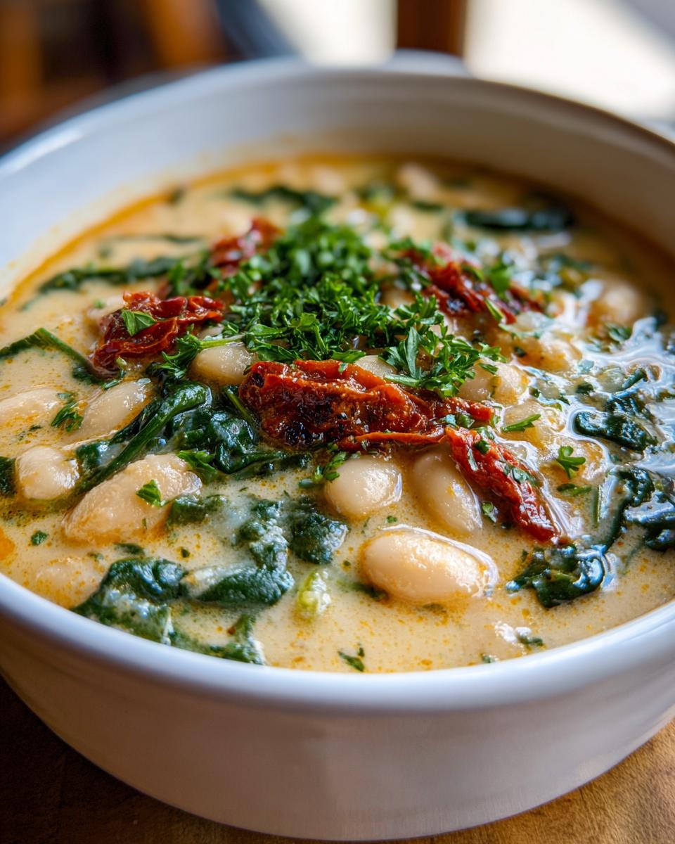 Close-up of a bowl of Creamy Tuscan White Bean Soup with spinach and sun-dried tomatoes.