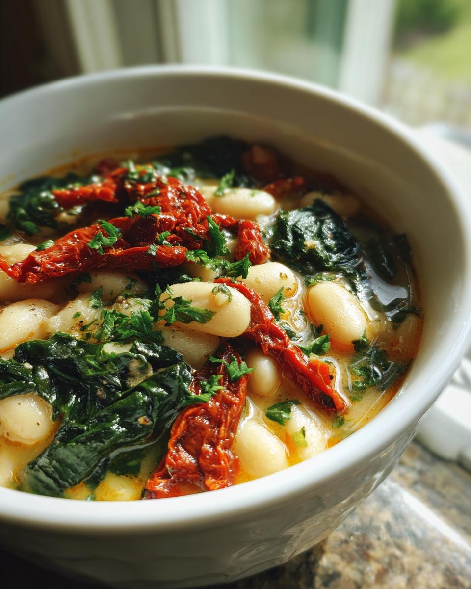 Close-up of a bowl of Creamy Tuscan White Bean Soup with sun-dried tomatoes and spinach.