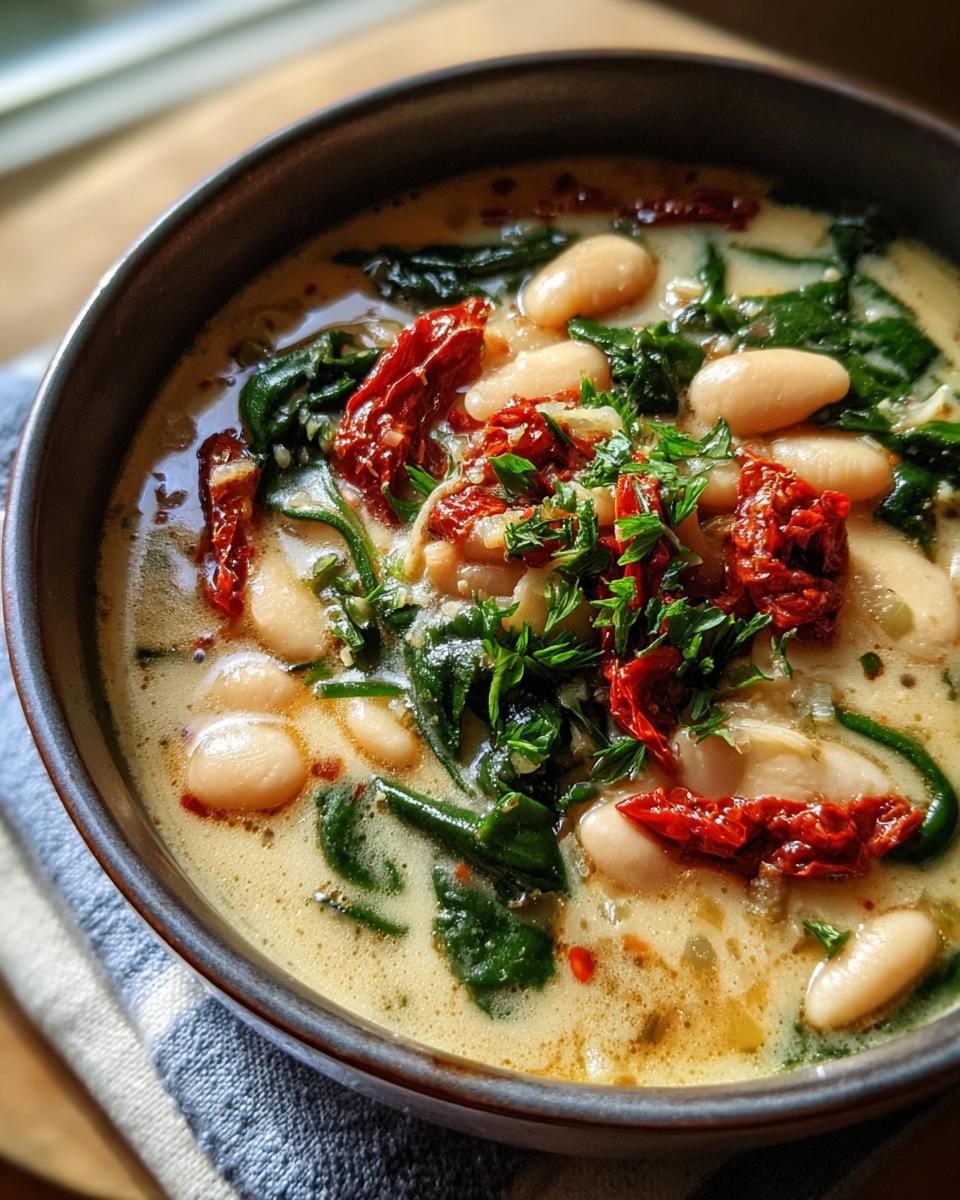 Close-up of Creamy Tuscan White Bean Soup in a bowl, with white beans, spinach, and sun-dried tomatoes.