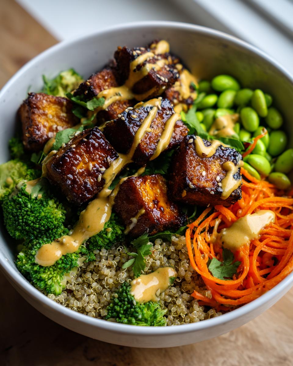 Close-up of a Crispy Tofu Buddha Bowl with tofu, quinoa, broccoli, carrots, and edamame.