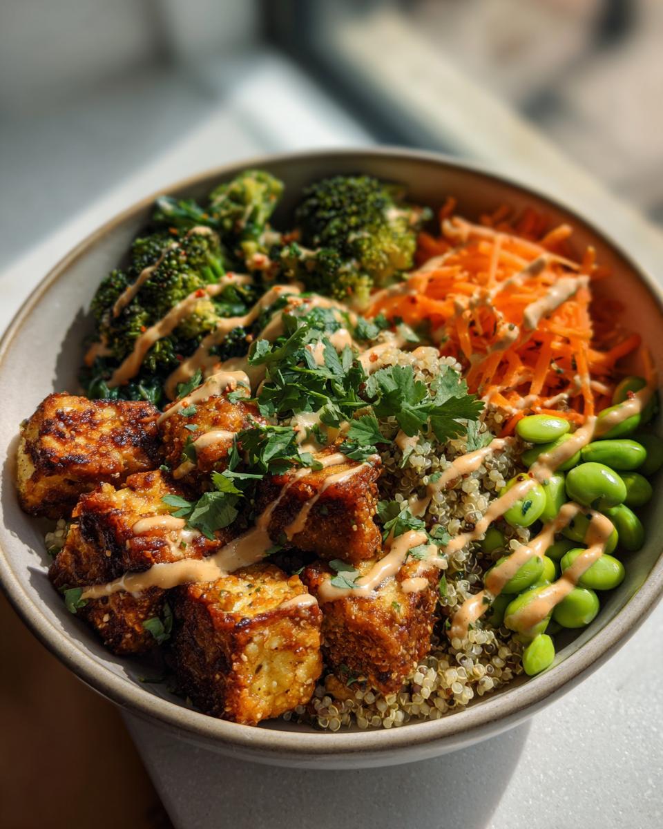 Close-up of a Crispy Tofu Buddha Bowl with tofu, broccoli, carrots, edamame, and quinoa. A healthy and delicious meal.