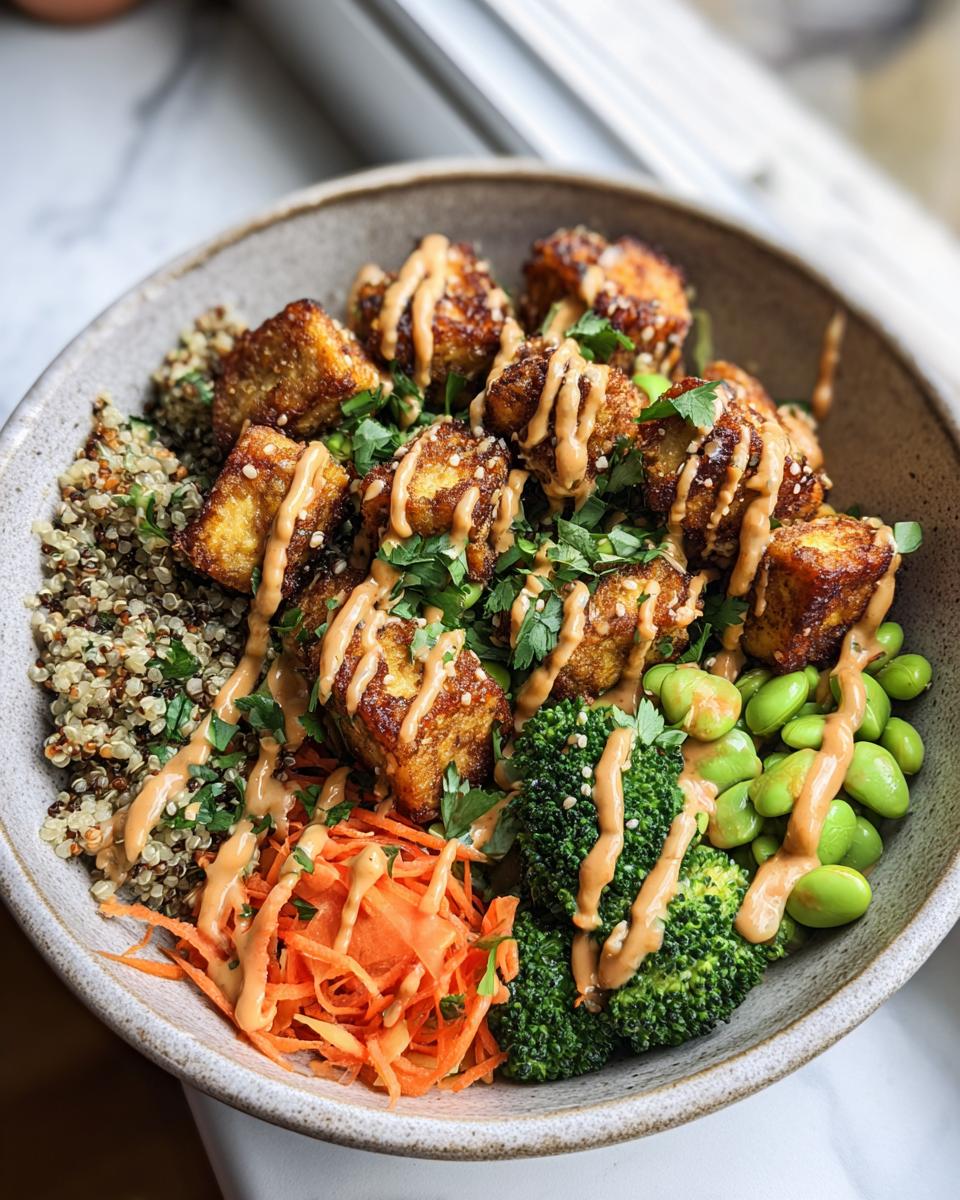 A colorful Crispy Tofu Buddha Bowl with tofu, quinoa, broccoli, carrots, and a creamy sauce.