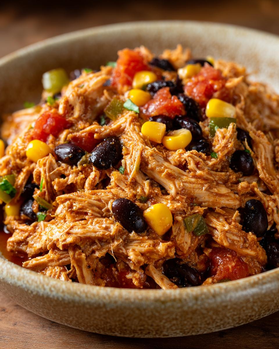 Close-up of a chicken bowl with black beans, corn, and tomatoes, perfect for Easy Crockpot Meals.