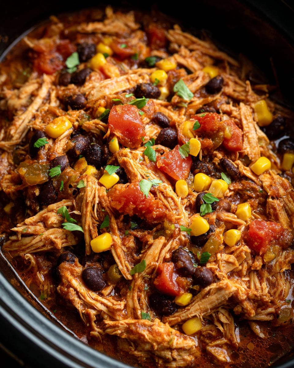 Close-up of a crockpot meal featuring shredded chicken, black beans, corn, and tomatoes.