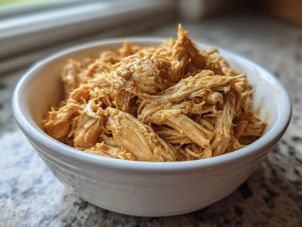 Close-up of shredded Crockpot Chicken Recipes Healthy served in a white bowl.