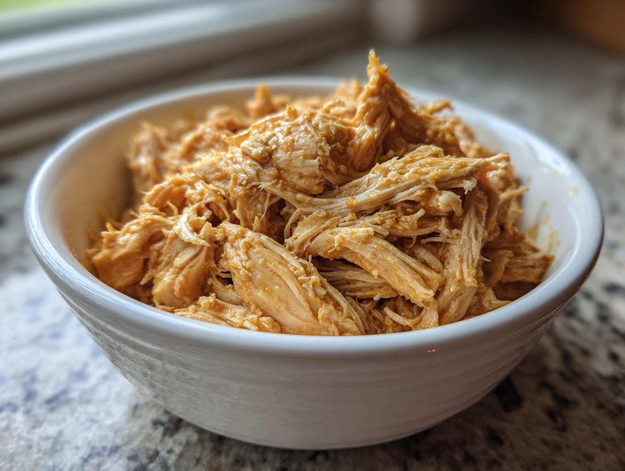Close-up of shredded Crockpot Chicken Recipes Healthy served in a white bowl.