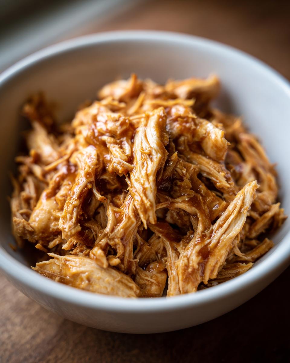 Close-up of shredded Crockpot Chicken Recipes Healthy in a white bowl, ready to serve.