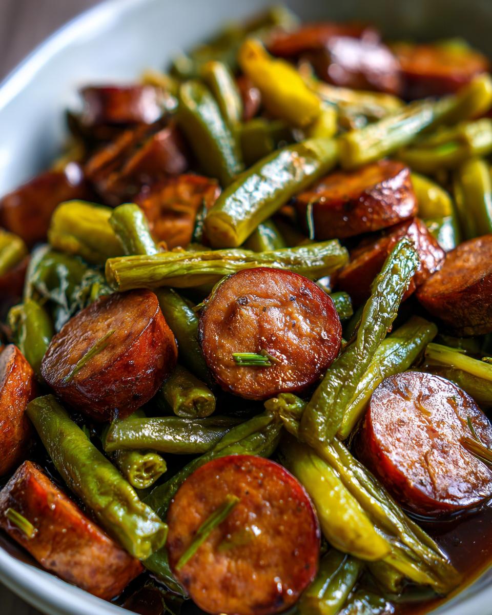 Close-up of Crockpot Kielbasa and Green Beans, showing kielbasa slices and green beans.