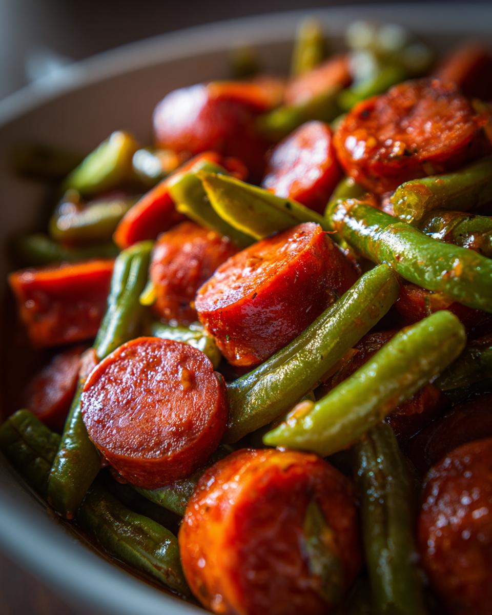 Close-up of Crockpot Kielbasa and Green Beans, showing kielbasa sausage and green beans.