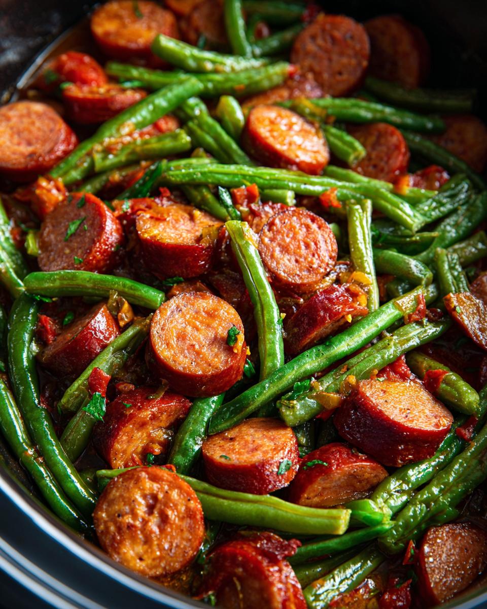 Close-up of Crockpot Kielbasa and Green Beans, showing kielbasa sausage and green beans.