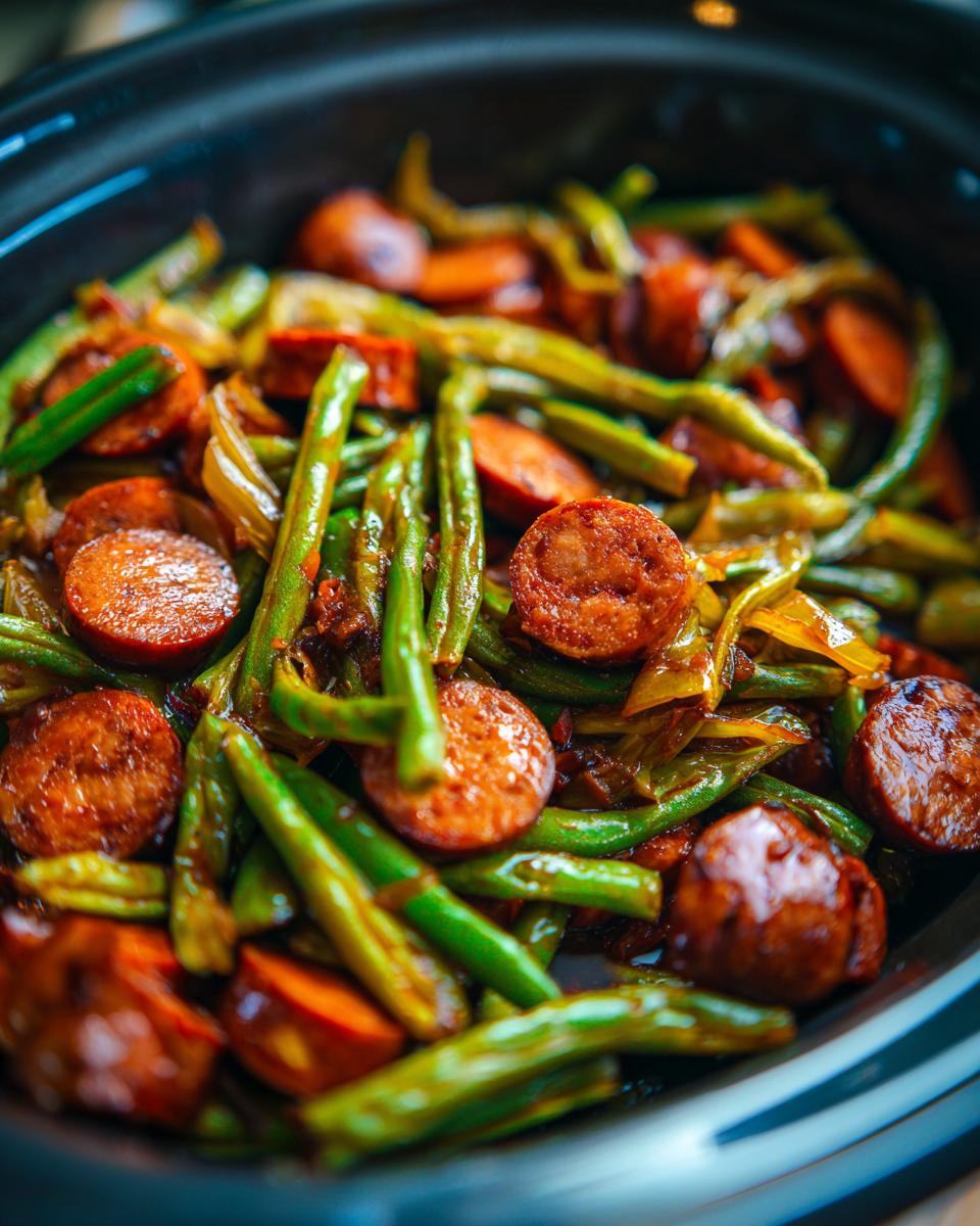 Close-up of Crockpot Kielbasa and Green Beans, a simple and delicious slow cooker recipe.