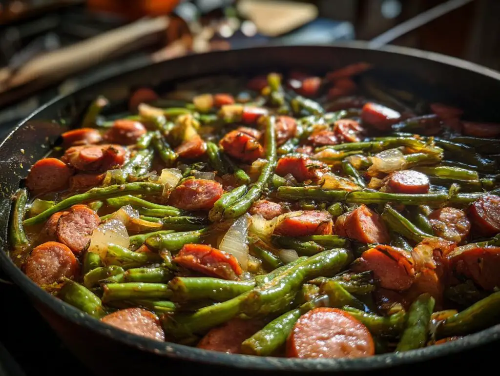 Close-up of Crockpot Kielbasa and Green Beans in a skillet, showcasing sausage and green beans.