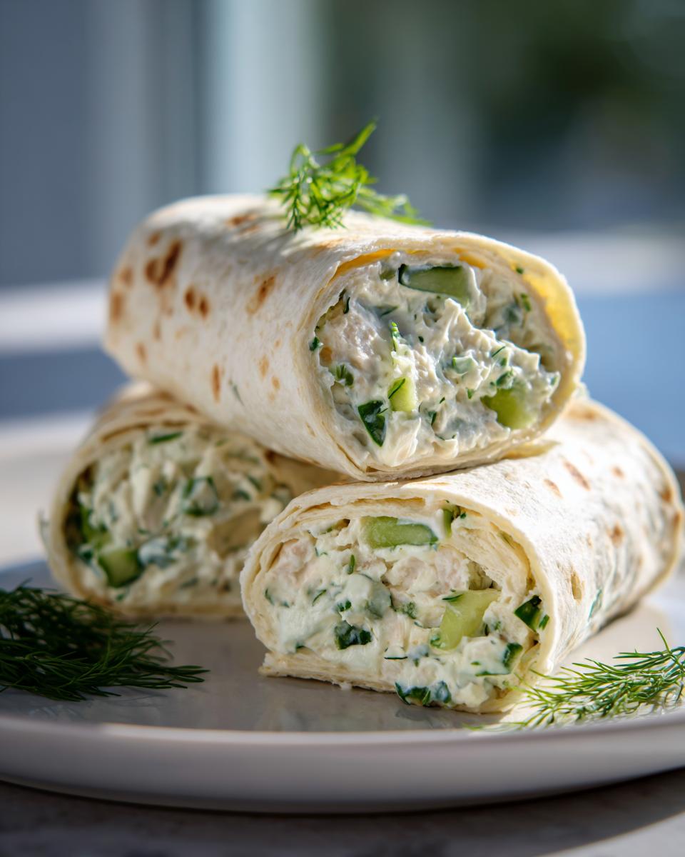 Close-up of Cucumber Dill Cream Cheese Pinwheels, sliced and stacked on a plate.