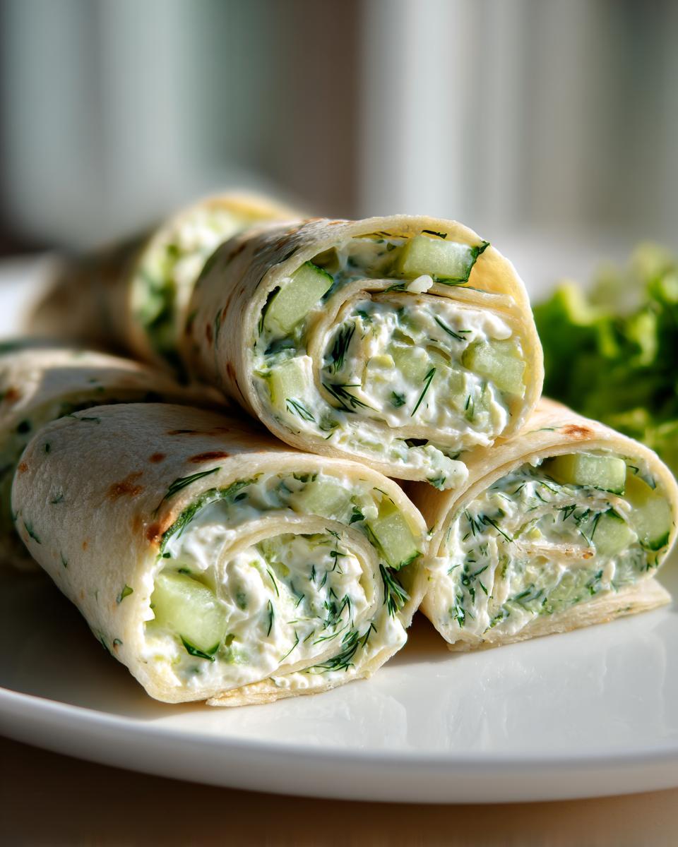 Close-up of Cucumber Dill Cream Cheese Pinwheels, showing the filling of cucumber, dill, and cream cheese.