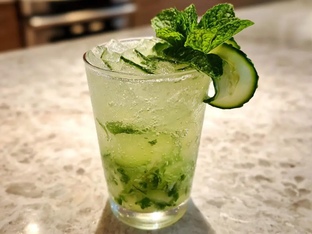Close-up of a refreshing Cucumber Mint Gin Cocktail garnished with cucumber and mint.