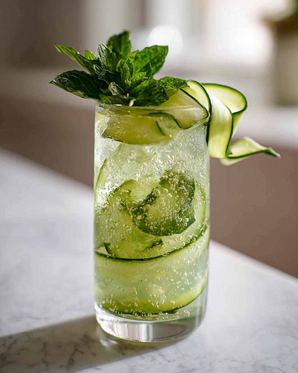 Close-up of a Cucumber Mint Gin Cocktail, garnished with cucumber and mint.