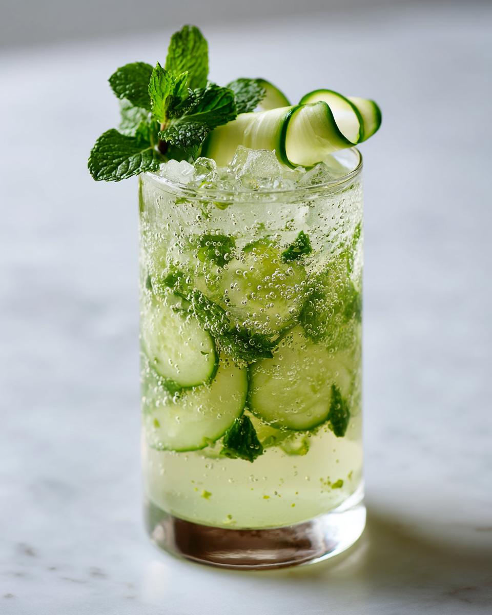 A tall glass of a Cucumber Mint Gin Cocktail garnished with cucumber ribbons and mint sprigs.