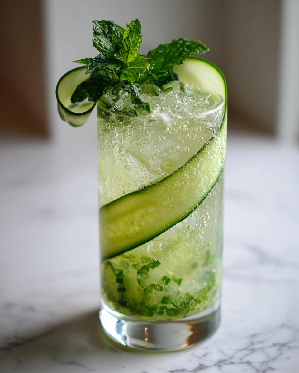 A tall, refreshing Cucumber Mint Gin Cocktail garnished with cucumber and mint sprigs.
